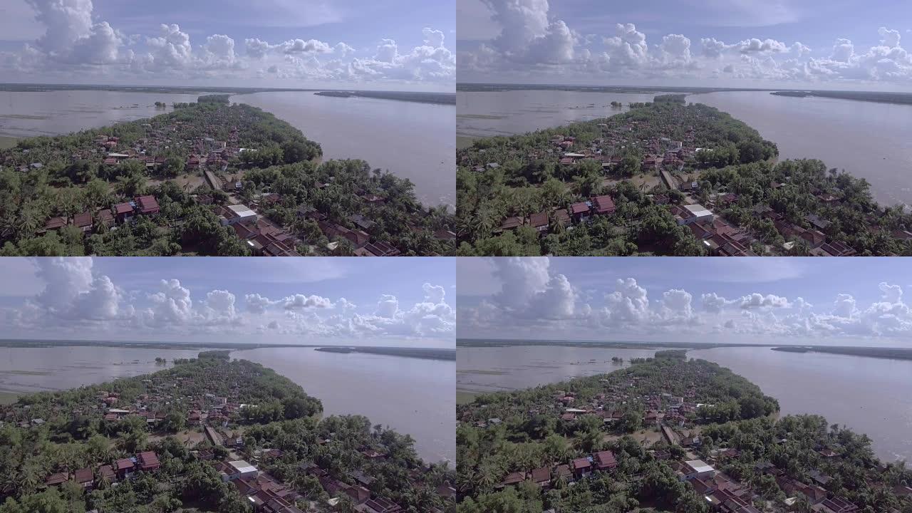 无人机视图: 最严重的洪水肆虐东南亚，淹没了农业用地并吞噬了河岸沿岸的低洼村庄