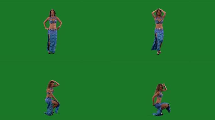 舞者。肚皮舞。肚皮舞者跳舞。绿色的屏幕。蓝色的性感的衣服。少数民族。屁股运动。