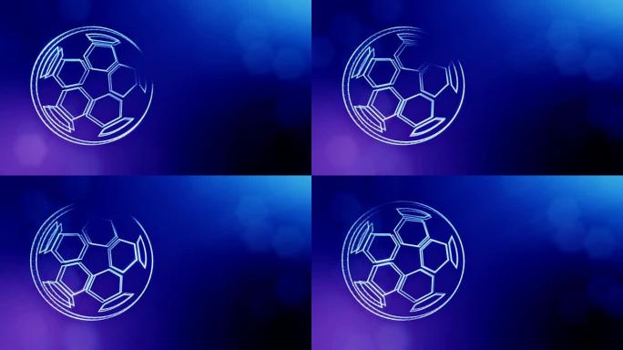 足球的图标。背景由辉光粒子作为玻璃体全息图制成。具有景深，散景和复制空间的3D无缝动画。蓝色v2
