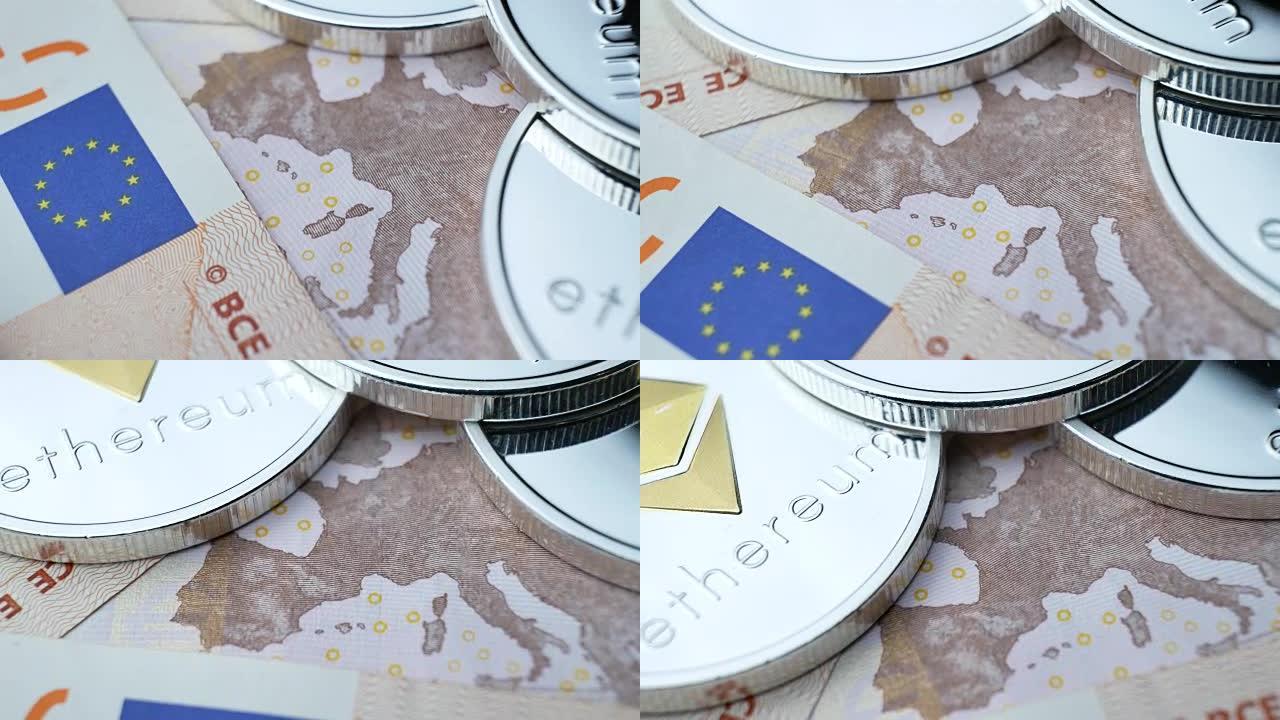 以太坊ETH硬币在欧元纸币上旋转