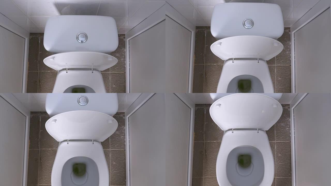 公共厕所。摄像机从顶部移动。厕所是白色的