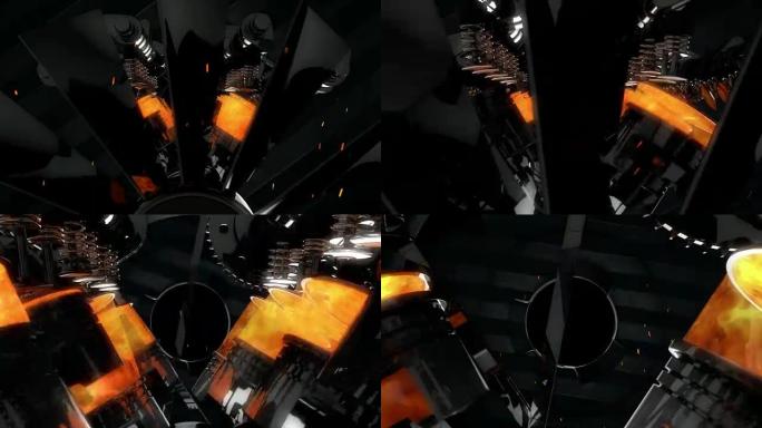 带火花的工作V8引擎动画-通过螺旋桨的相机变焦