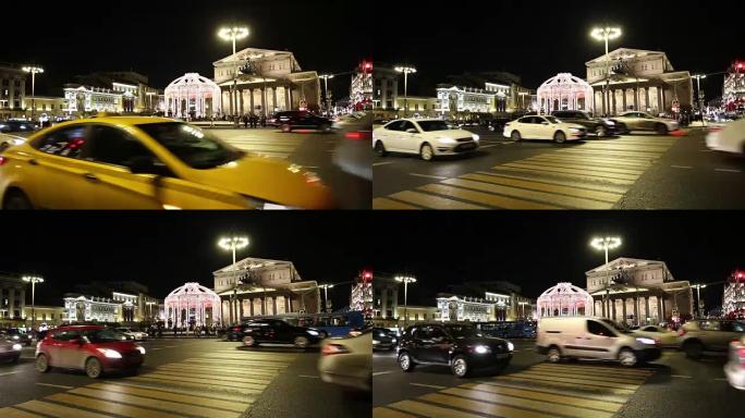 俄罗斯莫斯科晚上在莫斯科大剧院 (大型，大型或大剧院，也拼写为Bolshoy) 附近的圣诞节 (新年