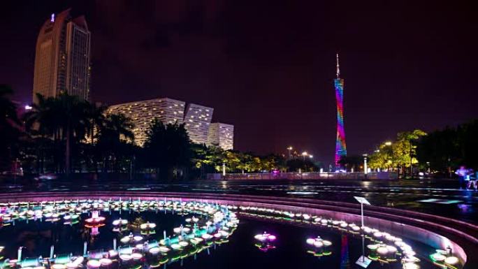 夜间照明广州市广州塔喷泉全景4k延时中国