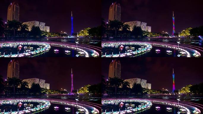 夜间照明广州市广州塔喷泉全景4k延时中国