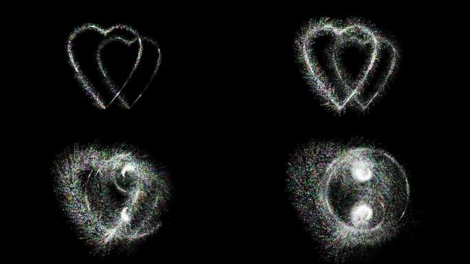 两颗心作为闪烁的星星出现，然后在黑色背景上变成阴阳符号