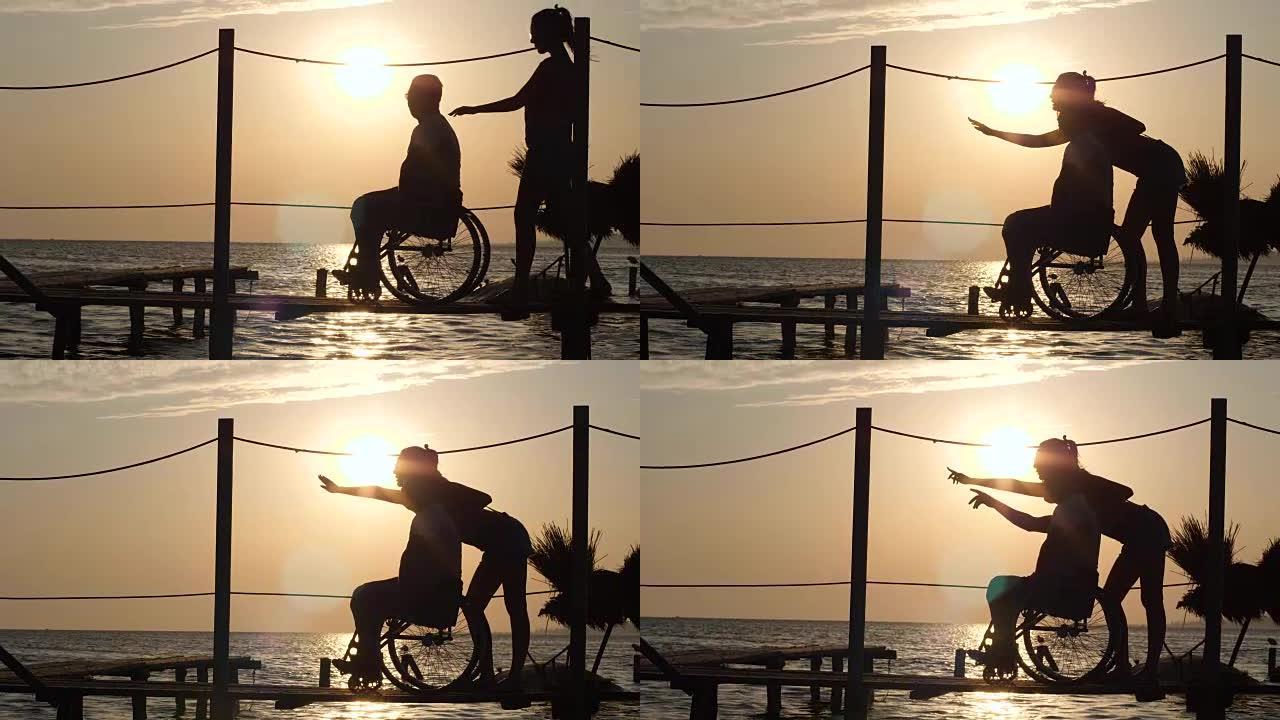 可爱的女孩与快乐的残疾人交谈，在河上日落的背景下看着天际线
