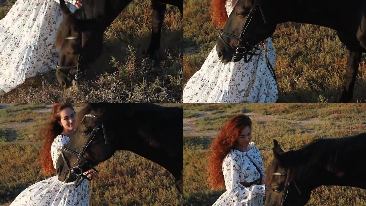 一个女孩在田野里放牧一匹黑马