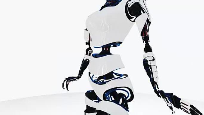 性感机器人安卓女人走路。科幻时尚机器人女孩。可爱的机器人女人。CG动画。