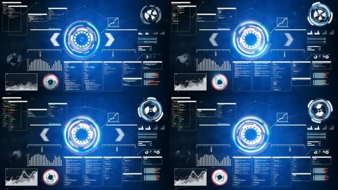 4k动画HUD和图形杆pi，用于黑暗背景上的网络未来概念技术元素