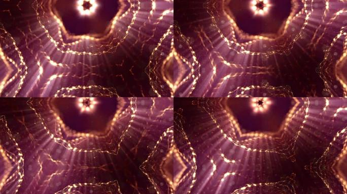 3d循环粒子动画与景深，bokeh和光线有趣的背景或vj循环像微观世界或外层空间。无缝黄金抽象背景。