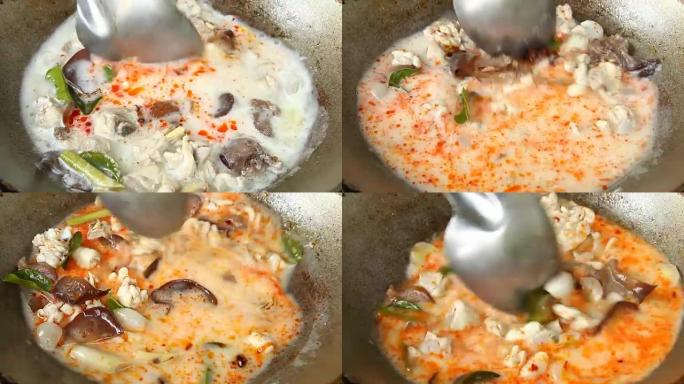 烹饪鸡肉椰子汤或Tom kha gai，泰国名菜