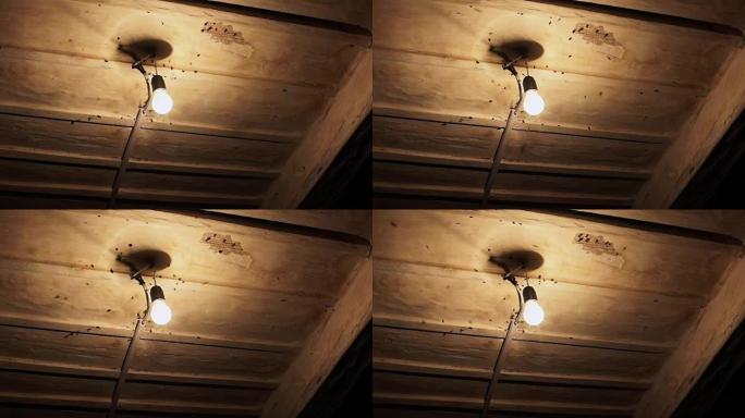 许多苍蝇绕着灯泡飞，拍打着老房子的天花板。