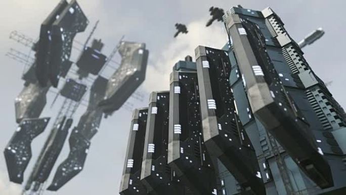 动画未来的科幻城市与令人印象深刻的空间站。3D渲染