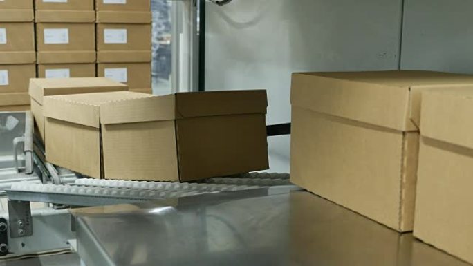 纸箱由传送带上的机器人收集和运输