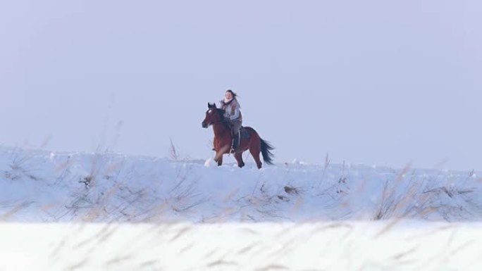 年轻女子骑着红马在雪雪皑皑的户外疾驰