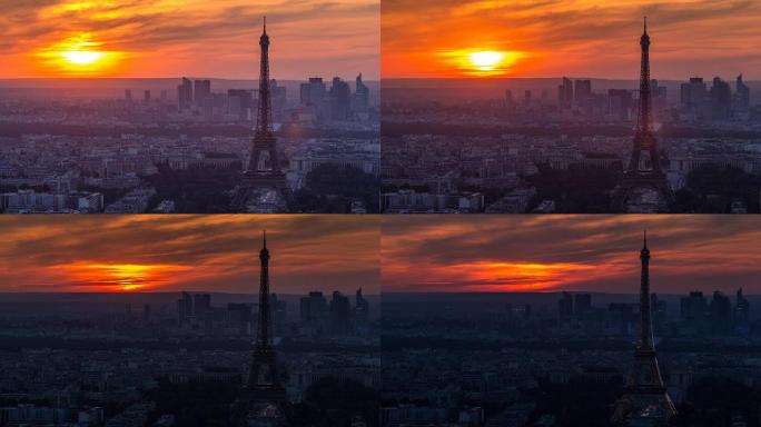 日落时分的巴黎全景。法国巴黎蒙帕纳斯大厦的埃菲尔铁塔景观