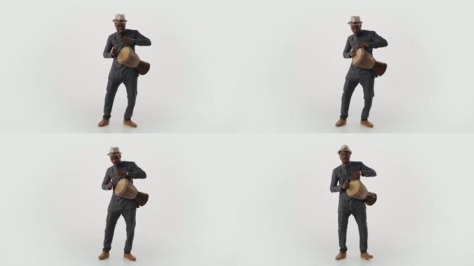 穿着传统布在国家乐器上演奏的全身高射击非洲男子