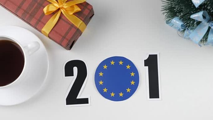 插图，新年，男性手改变年份2017年2018年，欧盟国旗，卡昂特里球。