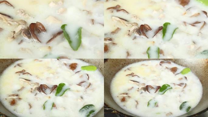 烹饪鸡肉椰子汤或Tom kha gai，泰国名菜