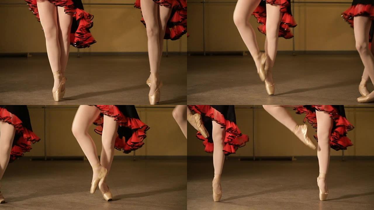 在练习点操时，芭蕾舞演员的脚特写