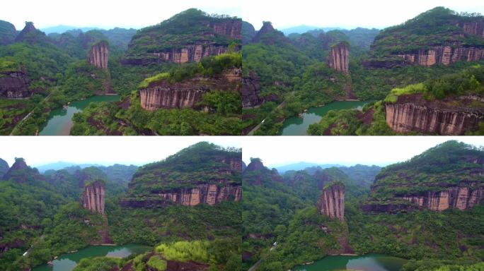 航拍武夷山玉女峰与九曲溪绿水青山丹霞地貌