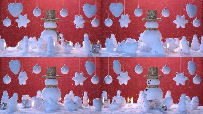 新年或圣诞节假期国际的雪地上的雪人。，在快乐时光和降雪中。