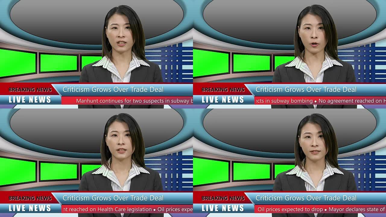 电视演播室中的亚洲电视新闻主持人，三分之二