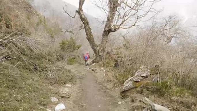 一对夫妇走在尼泊尔群山之间的神秘森林中。
