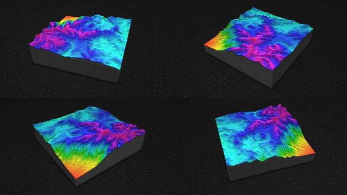 土壤切片的3d渲染，山脉孤立在黑暗背景上。