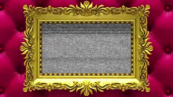 相机放大到豪华红色内饰背景上的金色相框。电视噪音和绿色色度键在屏幕上播放。3D动画。