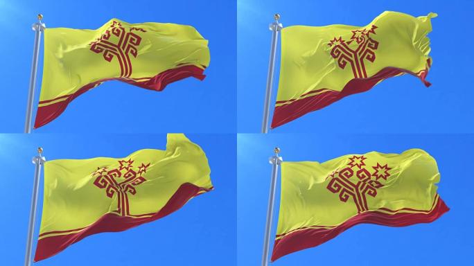 楚瓦希亚共和国国旗在蓝天下挥舞，循环