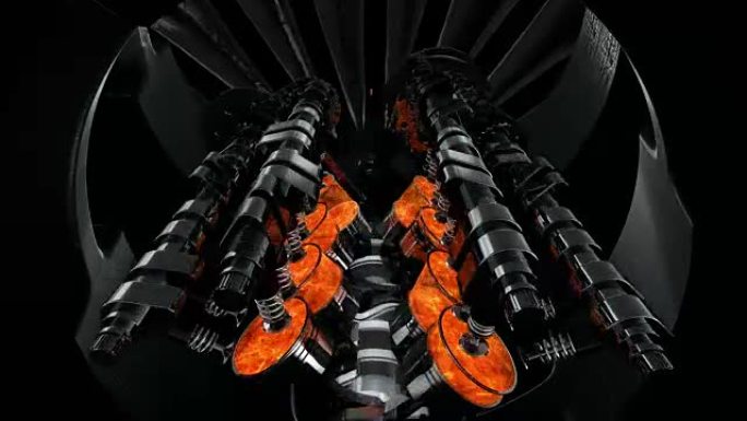 闪亮的V8引擎动画，另一台机器内部爆炸