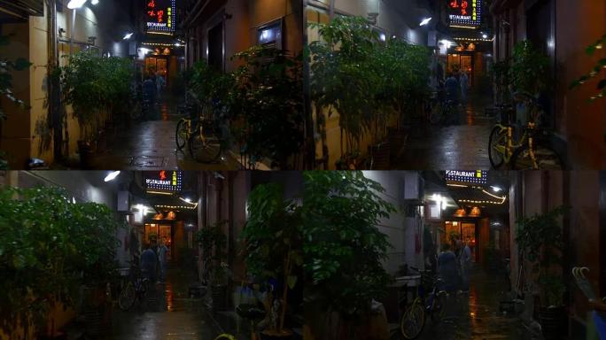 夜间上海城市窄街咖啡馆景观4k中国