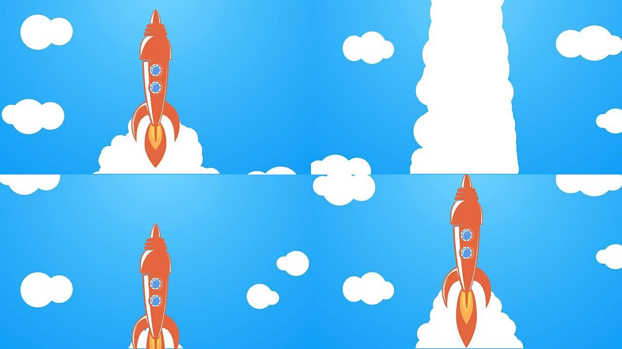 火箭发射的平面风格动画。