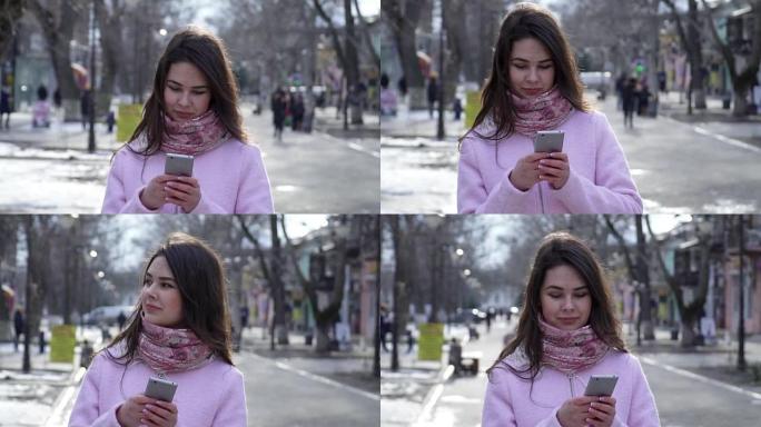 移动成瘾，好女孩使用智能手机在户外社交网络中进行交流