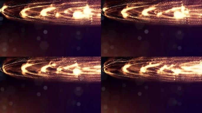 3d渲染背景与粒子和景深。循环动画，无缝镜头。深色数字抽象背景，带有美丽的发光颗粒。金色V11