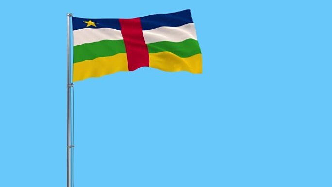 在蓝色背景上随风飘扬的旗杆上隔离中非共和国国旗，3d渲染
