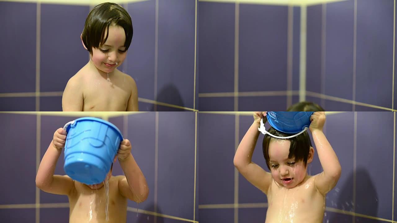 快乐的孩子在浴室玩水