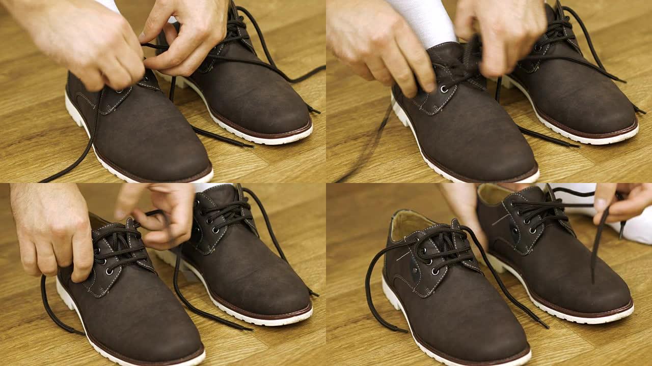 一个穿着白袜子的男人解开鞋带脱下鞋子。解开靴子。