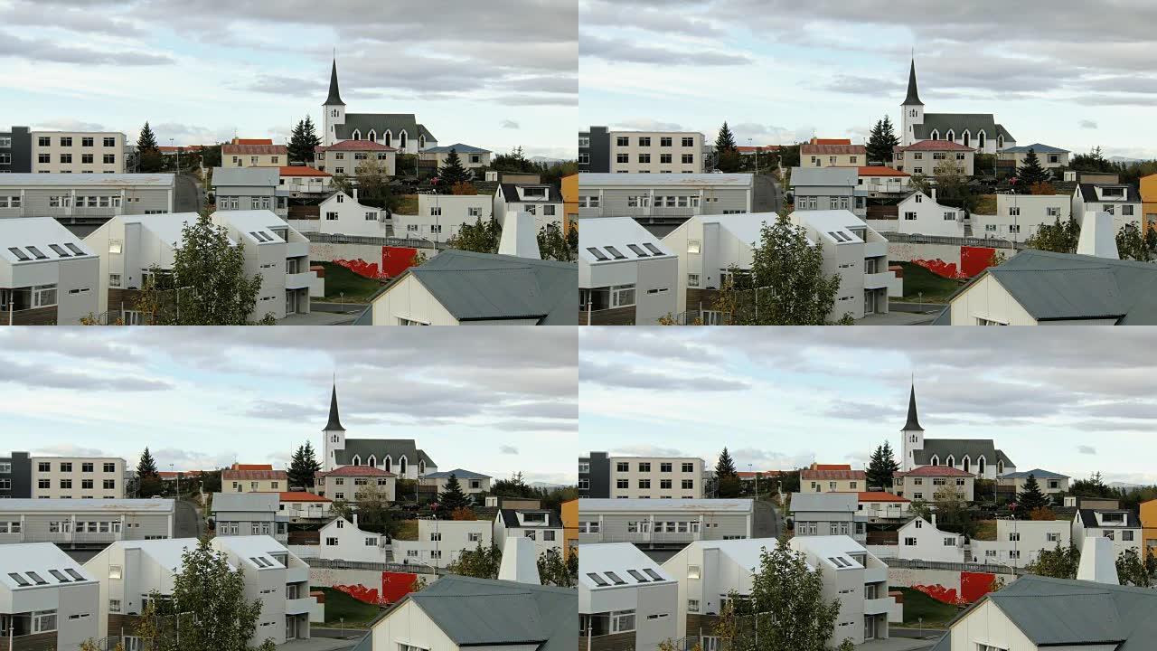 秋季冰岛小镇的屋顶和房屋，北欧简约建筑