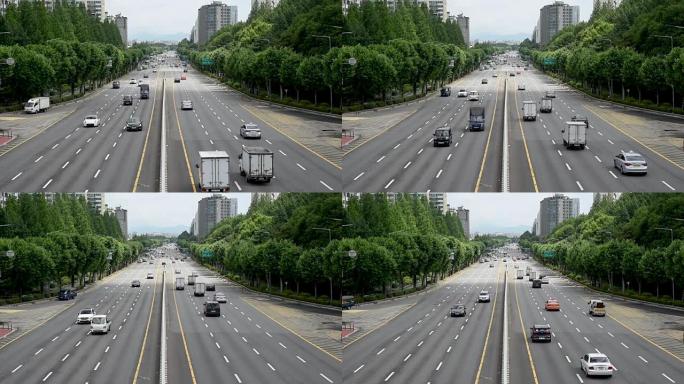 韩国首尔的汽车行驶平稳，没有交通。
