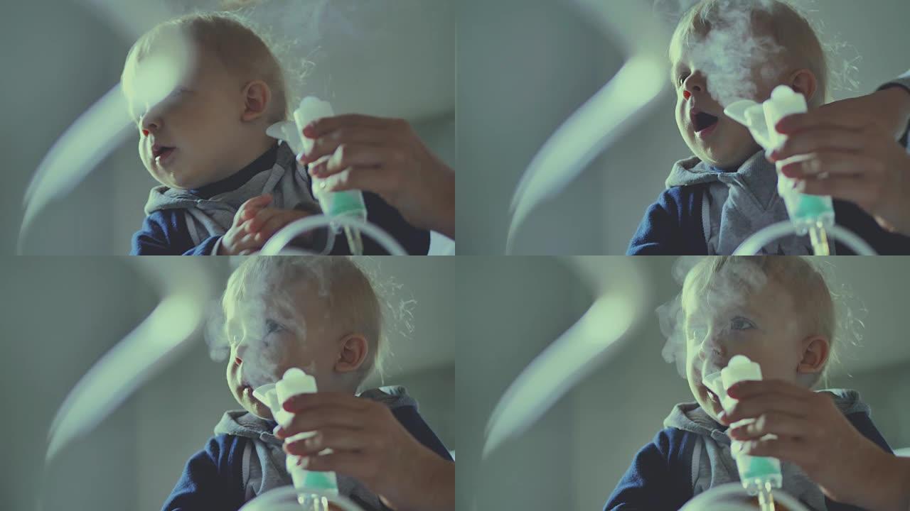 用气雾剂进行吸入器治疗的男婴