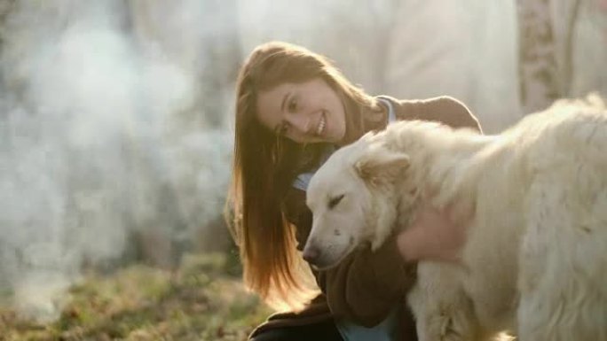 微笑的幸福女人轻轻地抚摸着白狗在火的地方。真正的朋友人们在户外露营帐篷度假秋天旅行。秋天阳光明媚的日