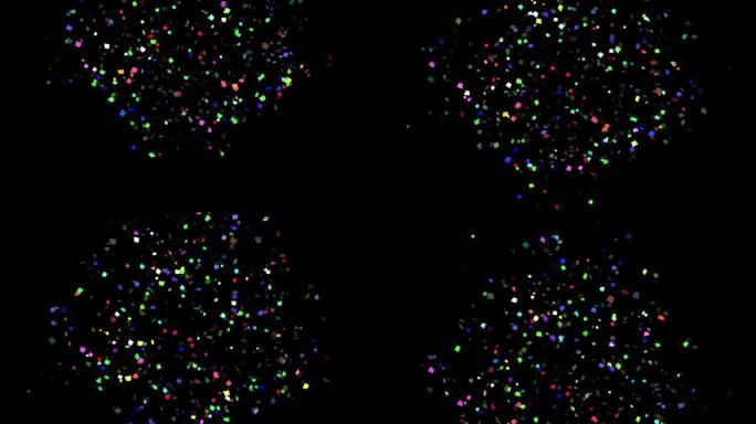 4k多色五彩纸屑派对波普尔爆炸，从左右和黑色背景掉落。3d动画。运动图形和动画背景。