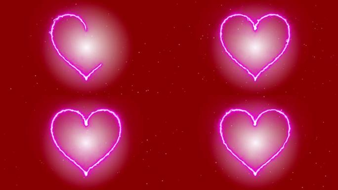 4k动画外观粉红色的心脏能量形状火焰或燃烧在深红色的背景和火火花。运动图形和动画背景。
