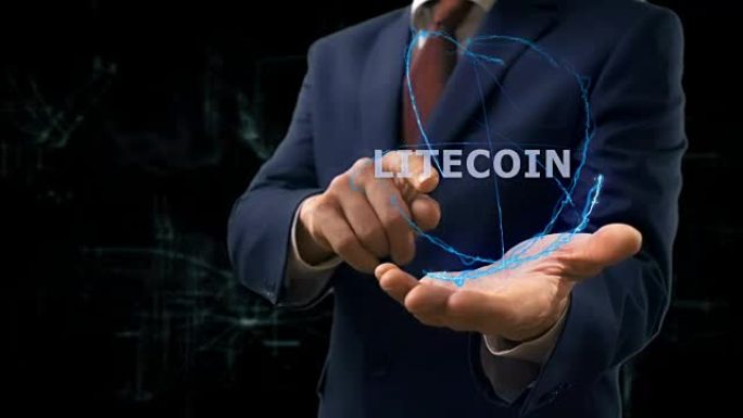 商人在他的手上展示了概念全息图Litcoin