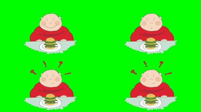 动画一个胖子，汉堡坐在快餐中，试图决定是否吃，动画手绘卡通人物，色键绿色屏幕背景。