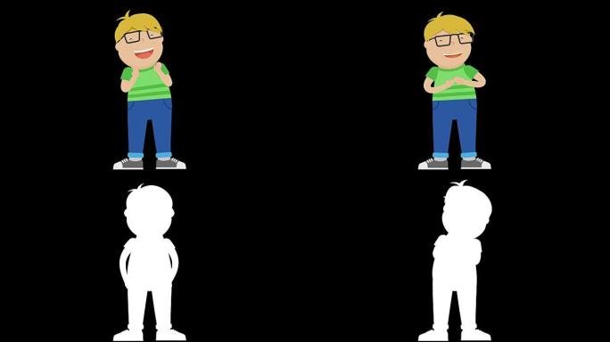 男孩角色动画，用阿尔法哑光拍手左右循环。