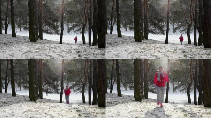 跑步运动女人。女跑步者穿着温暖的运动衣和手套在寒冷的冬季森林中慢跑。漂亮合身的女性健身模特。